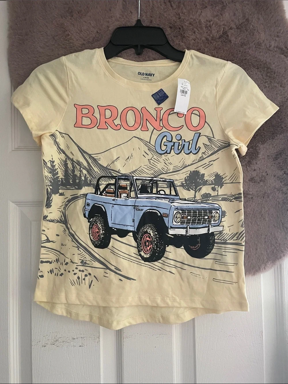 Old Navy Yellow Graphic Tee with Blue Truck and Coral Text